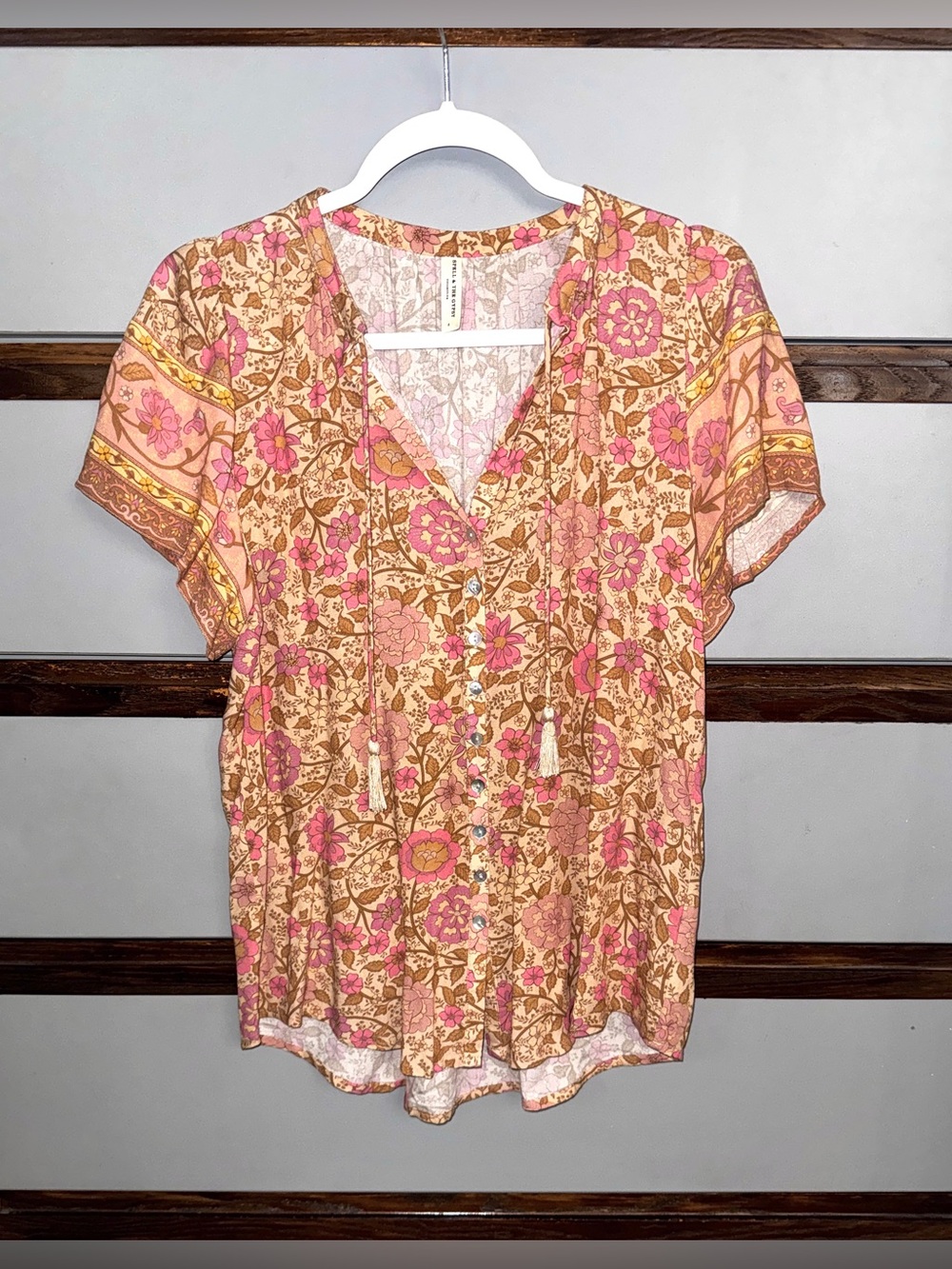 SPELL 🌾 $159 Love Story Short Sleeve Blouse 🍑 Peach Blossom 🌾 NWOT 🌸 SMALL - Picture 9 of 12